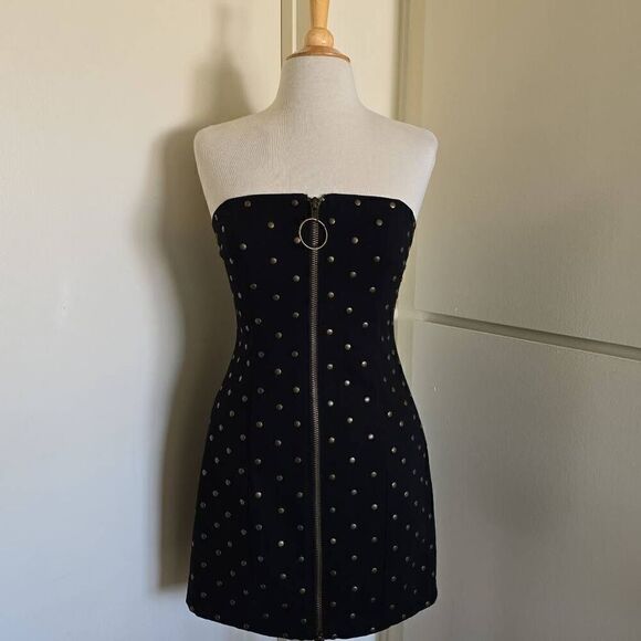 Betsey Johnson Dresses & Skirts - Vtg Betsey Johnson Womens Bodycon Dress Black Stretch Denim Studded Front Zip St